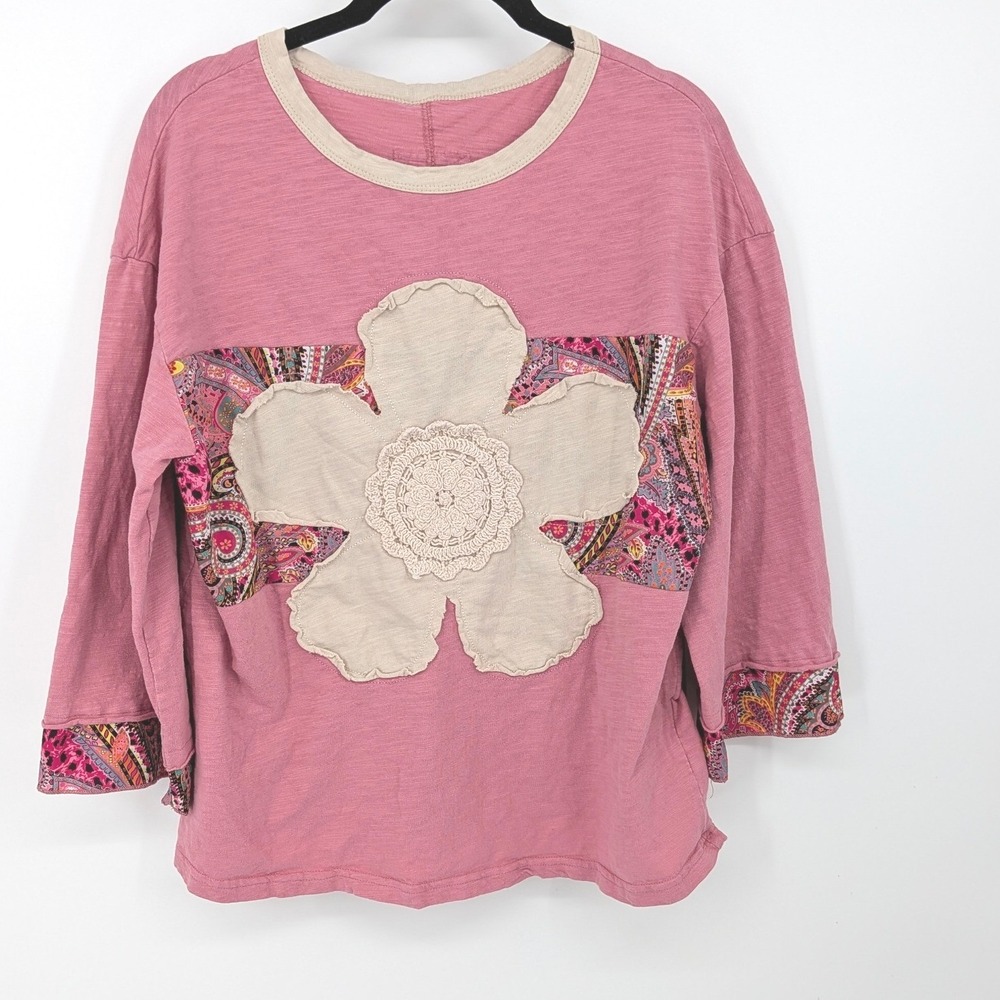 Artsy Boho Top Womens Small Pink Floral Slub Cotton 3/4 Sleeve Tee Cottagecore